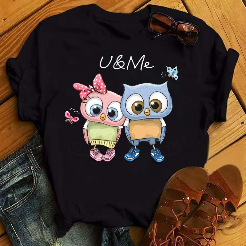 Maycaur Cartoon Owl Print T Shirt Women Kawaii Graphic Shirts Casual Short Sleeved Black Female Tee O-neck Harajuku T-shirts - Elevate Your Body