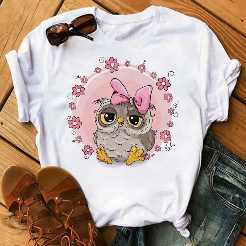 Maycaur Cartoon Owl Print T Shirt Women Kawaii Graphic Shirts Casual Short Sleeved Black Female Tee O-neck Harajuku T-shirts.