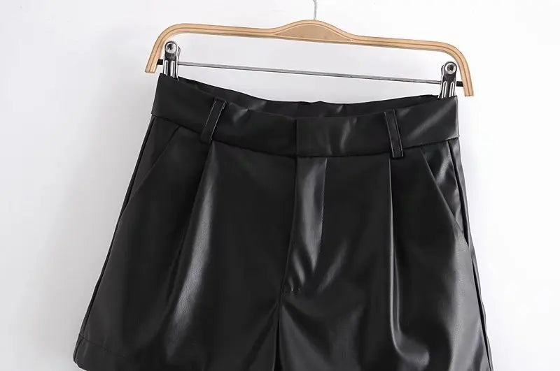 TRAF-Women's Faux Leather Shorts with Side Pockets, High Waist, Zipper Fly, Female Short Pants, Chic Fashion.