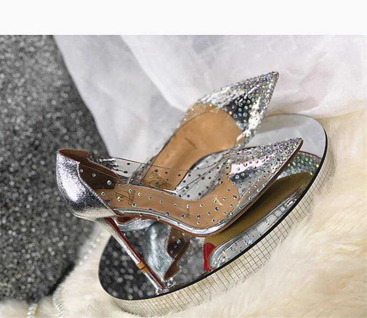 2024 Spring Office Ladies Sexy Pumps Woman PVC Transparent Thin High Heels Crystal Diamond Light Pointed Toe for Women's Shoes - Elevate Your Body