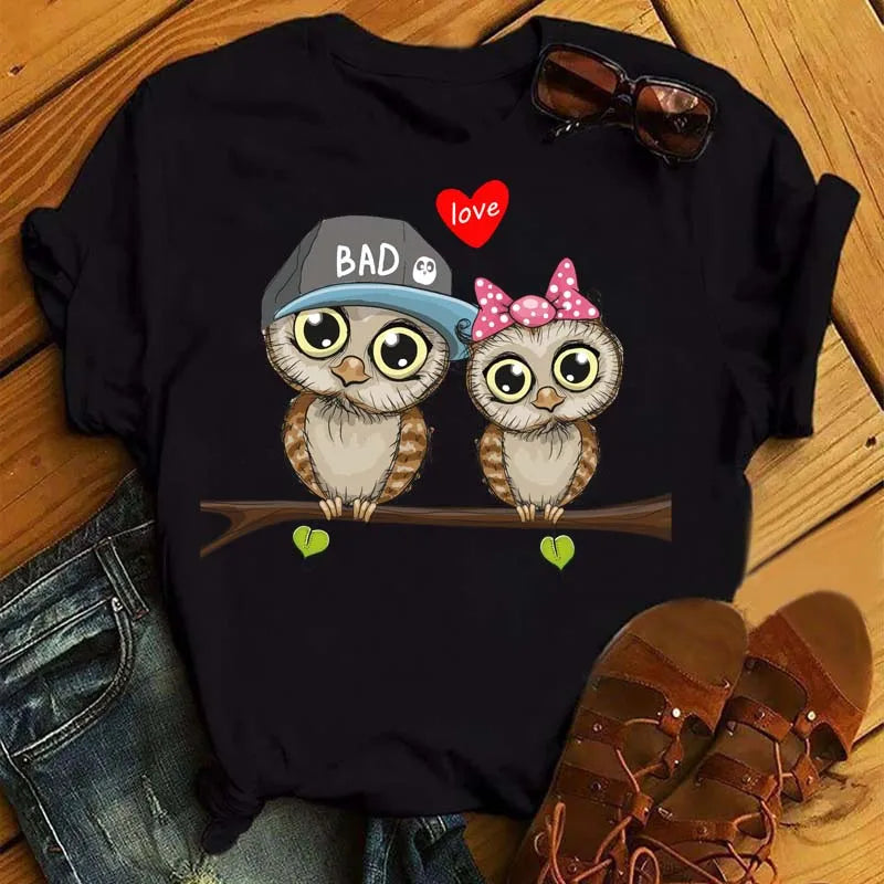 Maycaur Cartoon Owl Print T Shirt Women Kawaii Graphic Shirts Casual Short Sleeved Black Female Tee O-neck Harajuku T-shirts - Elevate Your Body