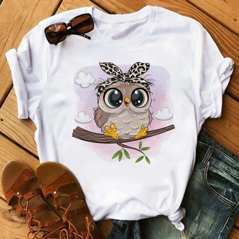 Maycaur Cartoon Owl Print T Shirt Women Kawaii Graphic Shirts Casual Short Sleeved Black Female Tee O-neck Harajuku T-shirts.