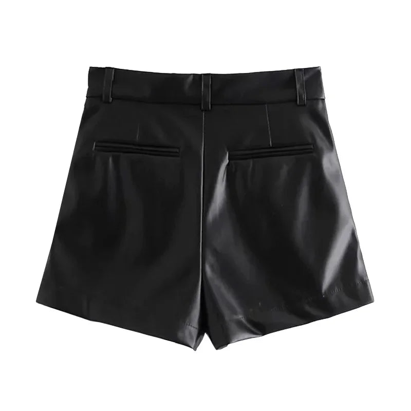 TRAF-Women's Faux Leather Shorts with Side Pockets, High Waist, Zipper Fly, Female Short Pants, Chic Fashion.