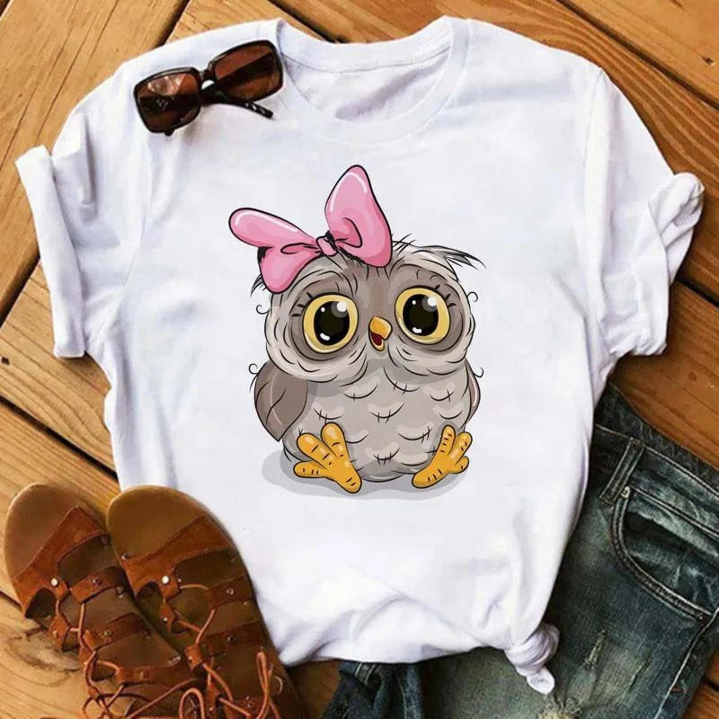 Maycaur Cartoon Owl Print T Shirt Women Kawaii Graphic Shirts Casual Short Sleeved Black Female Tee O-neck Harajuku T-shirts - Elevate Your Body