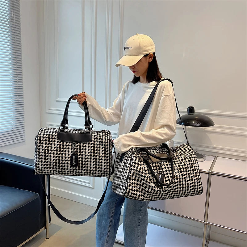 Large Houndstooth Women's Travel Bag Organizer Sports Gym Bag Weekend Duffle Handbag Shoulder Crossbody Bags Packing Cubes Totes.