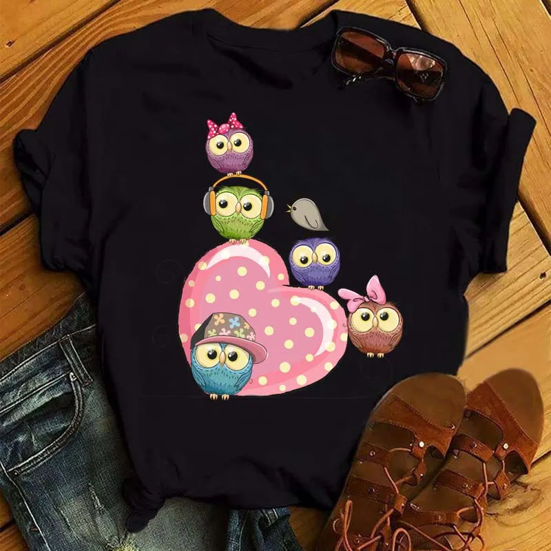 Maycaur Cartoon Owl Print T Shirt Women Kawaii Graphic Shirts Casual Short Sleeved Black Female Tee O-neck Harajuku T-shirts.