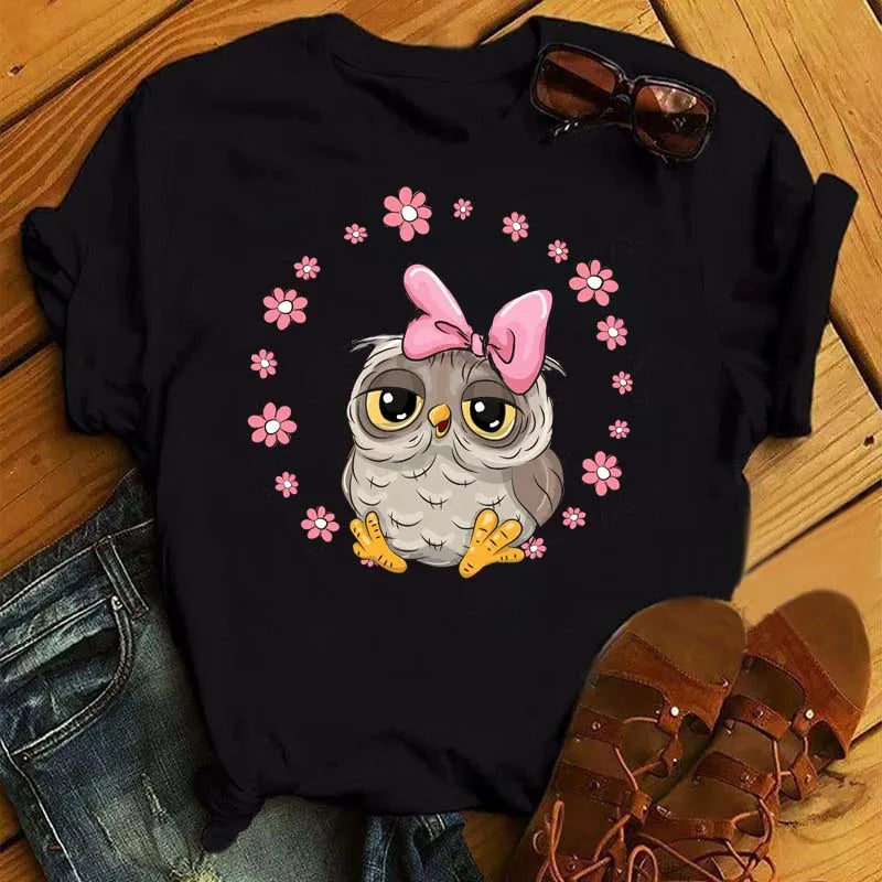 Maycaur Cartoon Owl Print T Shirt Women Kawaii Graphic Shirts Casual Short Sleeved Black Female Tee O-neck Harajuku T-shirts.