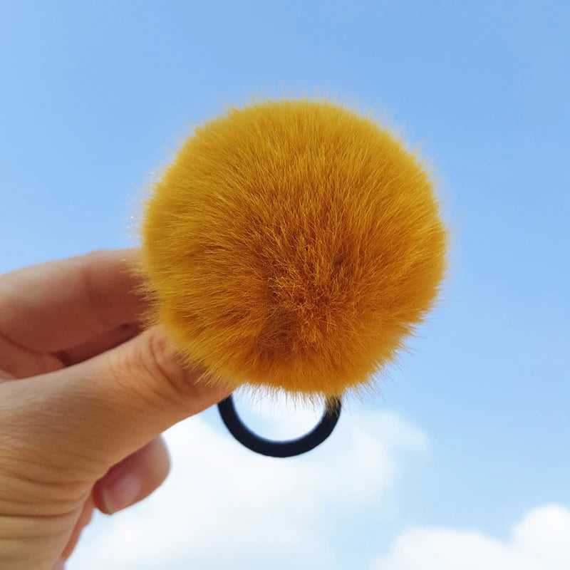 Charming Imitation Rabbit Fur Plush Hair Tie with Pompom - Elastic Ponytail Holder for Girls.