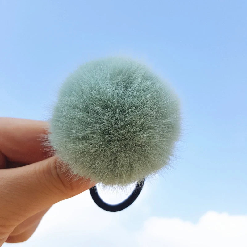 Charming Imitation Rabbit Fur Plush Hair Tie with Pompom - Elastic Ponytail Holder for Girls.