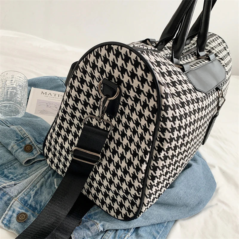 Large Houndstooth Women's Travel Bag Organizer Sports Gym Bag Weekend Duffle Handbag Shoulder Crossbody Bags Packing Cubes Totes - Elevate Your Body