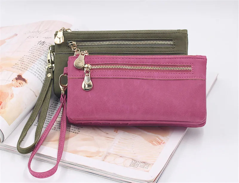 Yogodlns Fashion Nubuck Leather Wallet Female Double Zipper Lady Handbag Clutch Multi-layer Purse Shopping Women Wallet Purse.