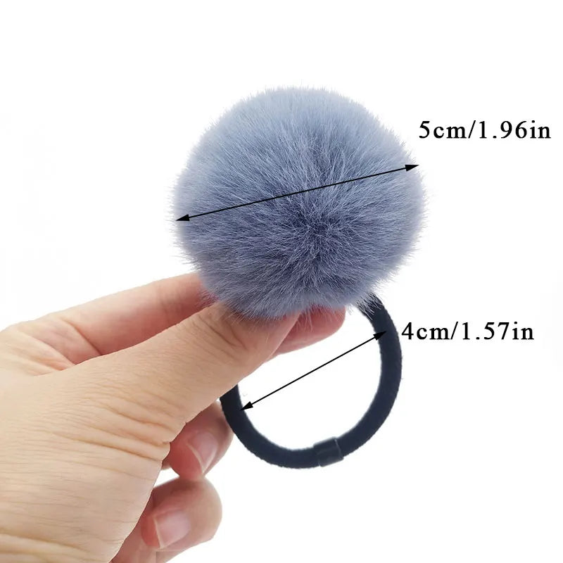 Charming Imitation Rabbit Fur Plush Hair Tie with Pompom - Elastic Ponytail Holder for Girls.