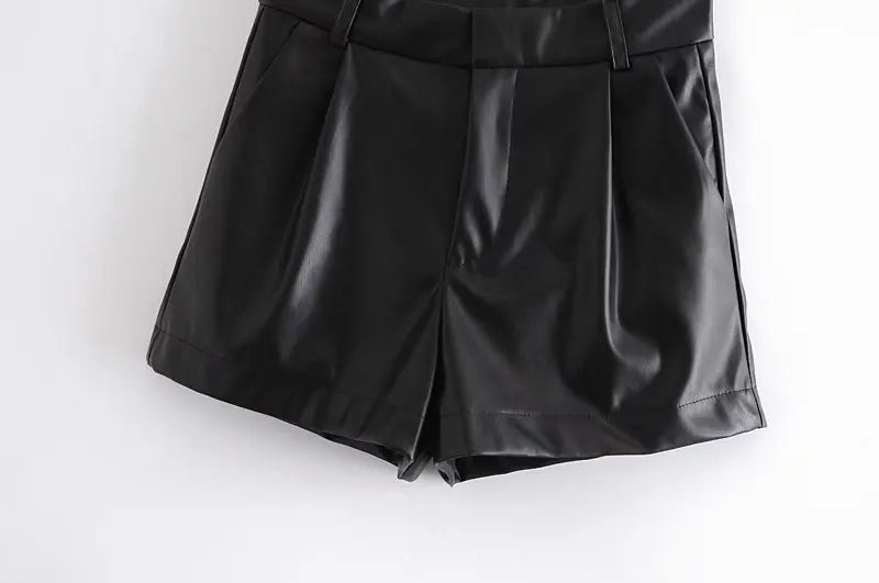 TRAF-Women's Faux Leather Shorts with Side Pockets, High Waist, Zipper Fly, Female Short Pants, Chic Fashion.