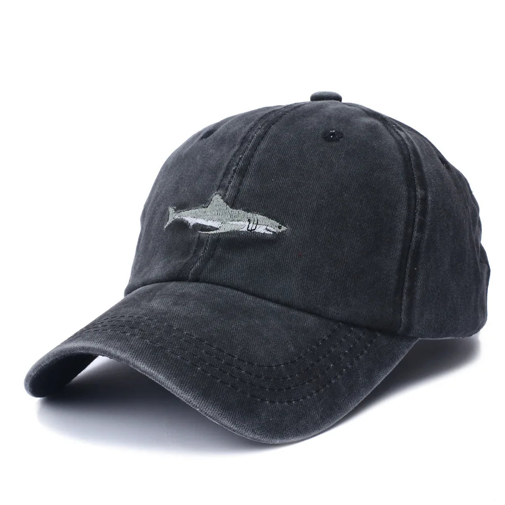 Embroidered Shark Design Washed Cotton Baseball Cap for Men and Women - Hip Hop Style Adjustable Fishing Snapback Hat.