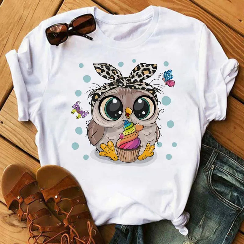 Maycaur Cartoon Owl Print T Shirt Women Kawaii Graphic Shirts Casual Short Sleeved Black Female Tee O-neck Harajuku T-shirts - Elevate Your Body