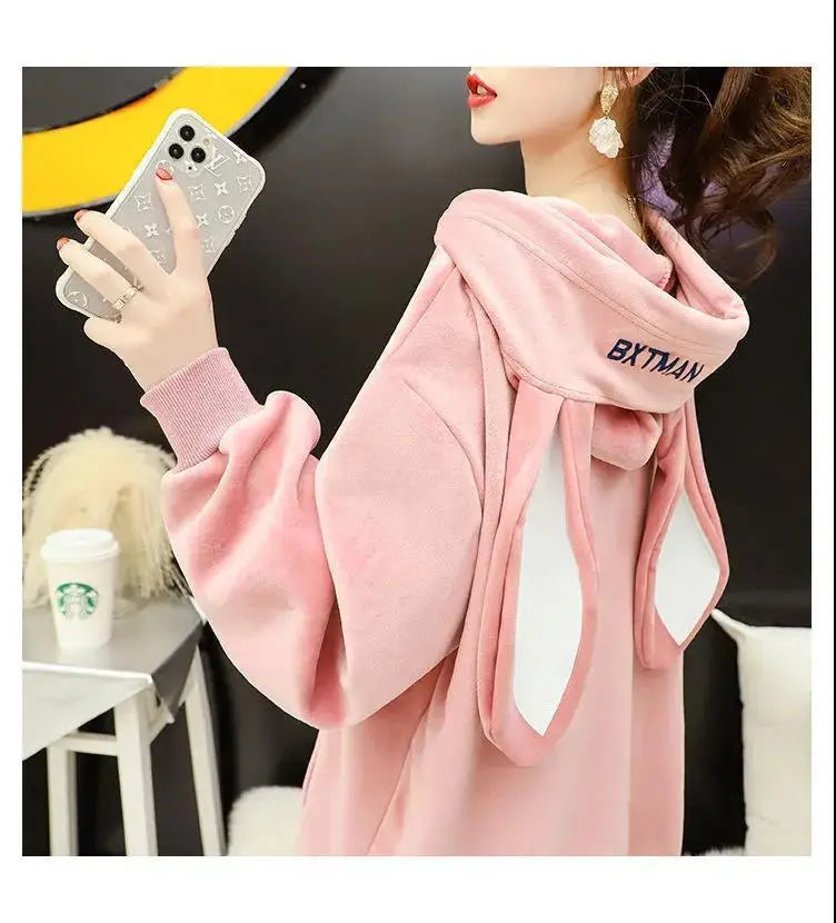 Autumn Sweet Women Hoodies Korean Style Fashion Cute Rabbit Ears Hooded Pullovers Loose Long Sleeve Kawaii Sweatshirts Female.