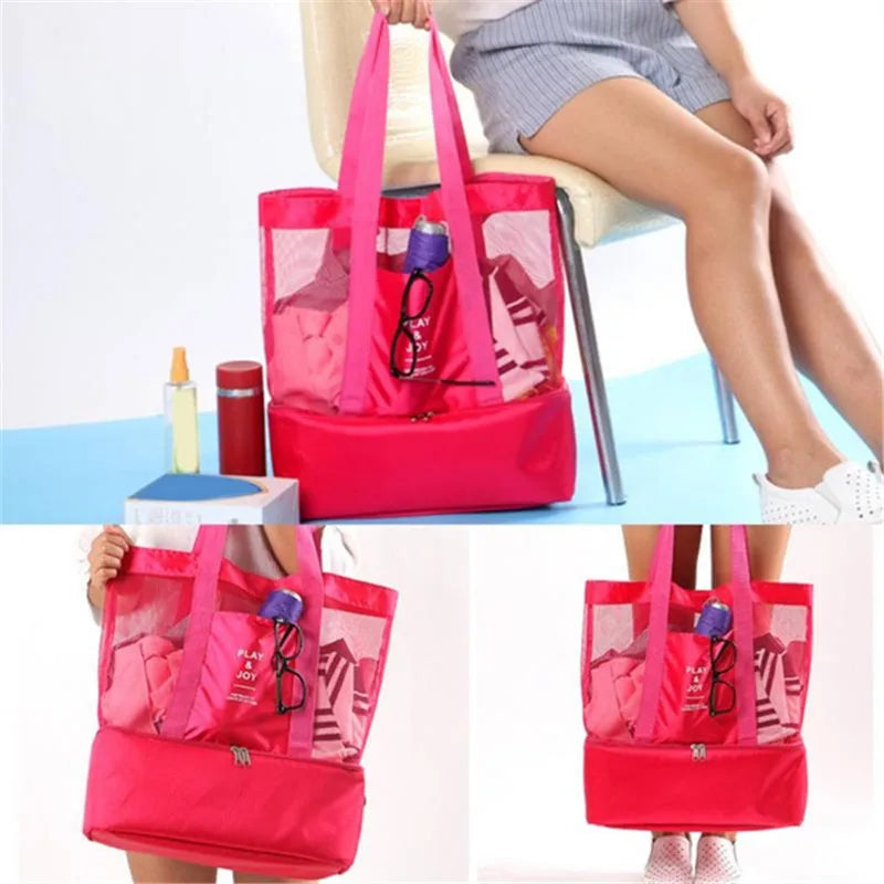 High Capacity Women Mesh Transparent Bag Double-layer Heat Preservation Large Picnic Beach Bags Tote Office Lunch Snacks Bag.