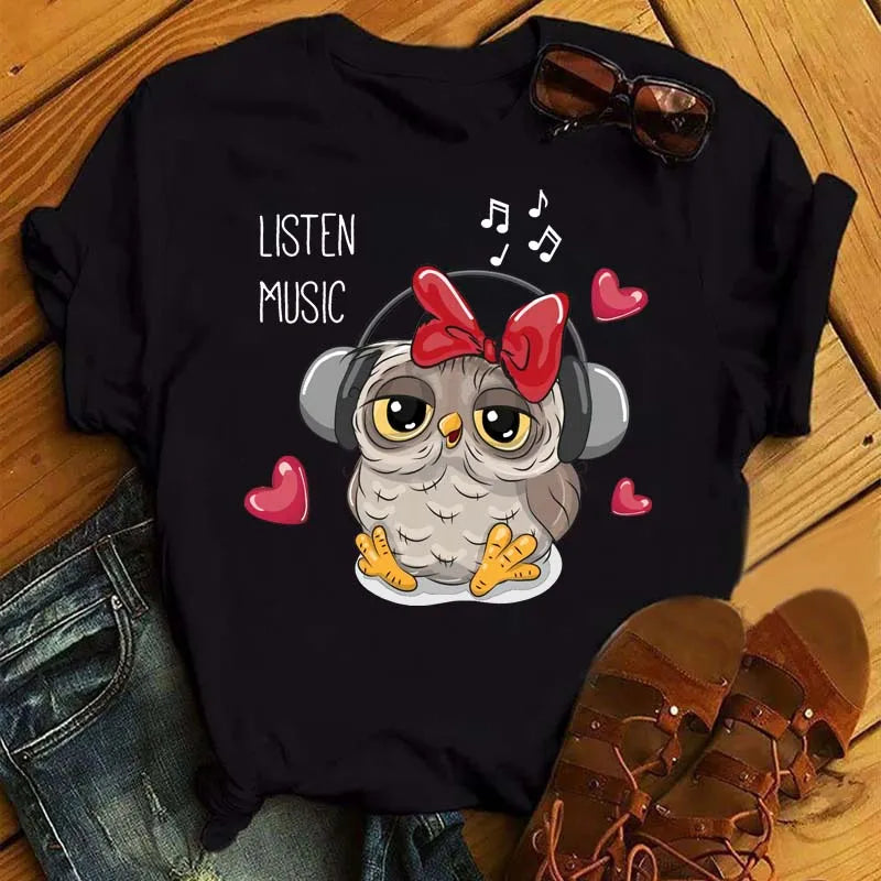 Maycaur Cartoon Owl Print T Shirt Women Kawaii Graphic Shirts Casual Short Sleeved Black Female Tee O-neck Harajuku T-shirts.