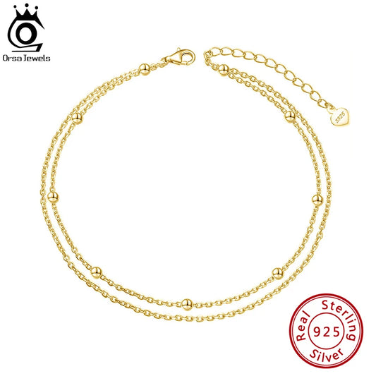 ORSA JEWELS Double Layers Bead Station Anklet Layered Bead & Satellite Cable Chain Anklets 925 Sterling Silver Foot Jewelry SA14.