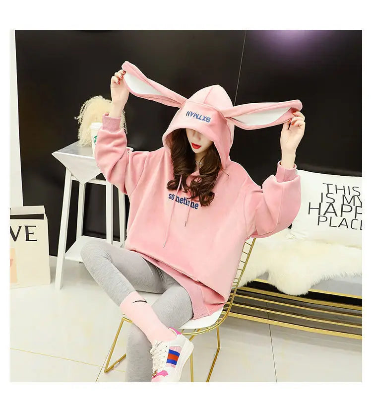 Autumn Sweet Women Hoodies Korean Style Fashion Cute Rabbit Ears Hooded Pullovers Loose Long Sleeve Kawaii Sweatshirts Female.