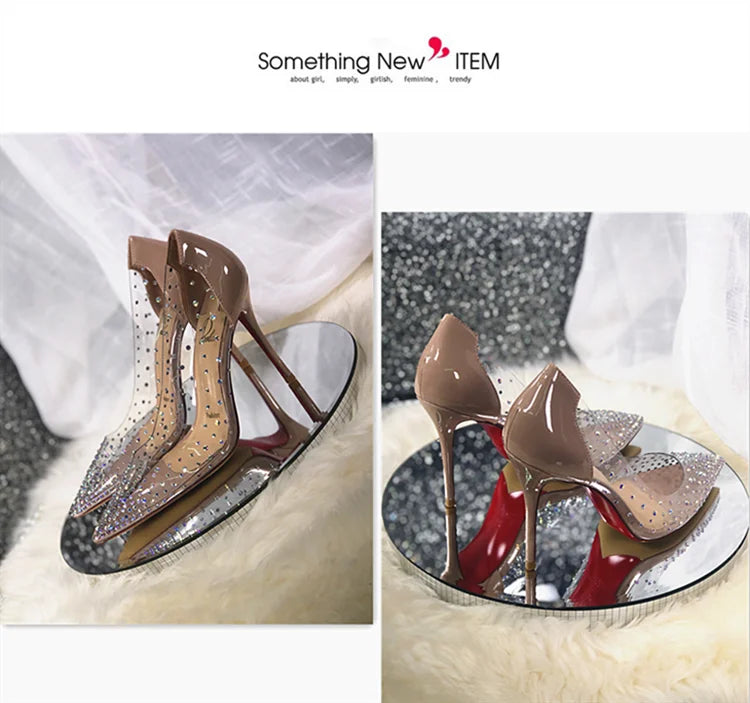 2024 Spring Office Ladies Sexy Pumps Woman PVC Transparent Thin High Heels Crystal Diamond Light Pointed Toe for Women's Shoes.