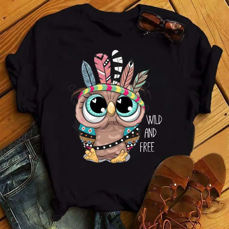 Maycaur Cartoon Owl Print T Shirt Women Kawaii Graphic Shirts Casual Short Sleeved Black Female Tee O-neck Harajuku T-shirts.