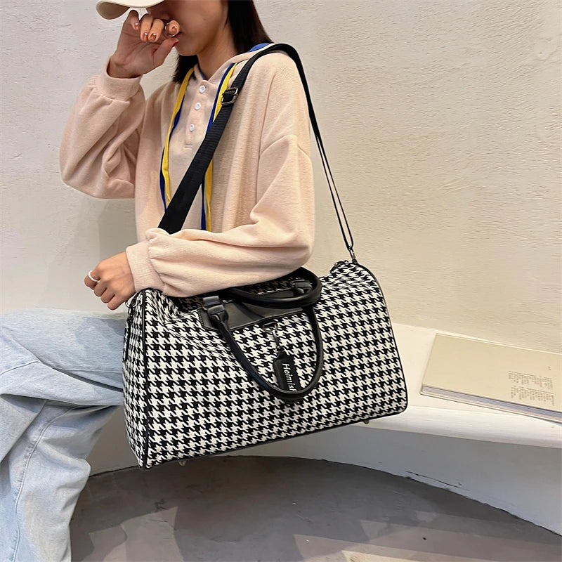 Large Houndstooth Women's Travel Bag Organizer Sports Gym Bag Weekend Duffle Handbag Shoulder Crossbody Bags Packing Cubes Totes.