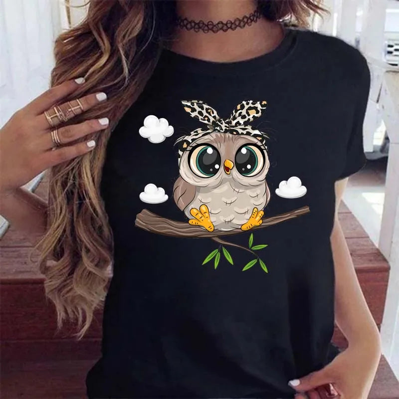 Maycaur Cartoon Owl Print T Shirt Women Kawaii Graphic Shirts Casual Short Sleeved Black Female Tee O-neck Harajuku T-shirts.