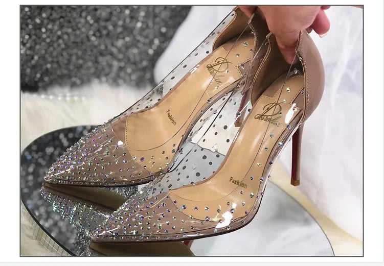 2024 Spring Office Ladies Sexy Pumps Woman PVC Transparent Thin High Heels Crystal Diamond Light Pointed Toe for Women's Shoes.