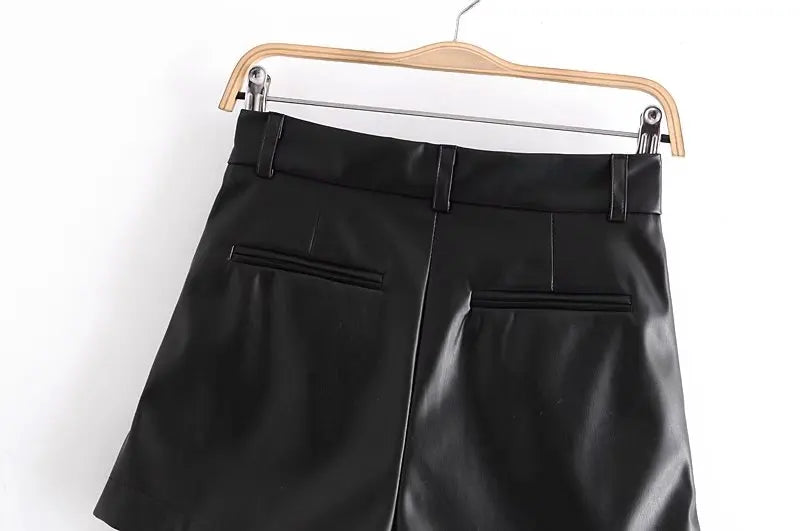 TRAF-Women's Faux Leather Shorts with Side Pockets, High Waist, Zipper Fly, Female Short Pants, Chic Fashion.