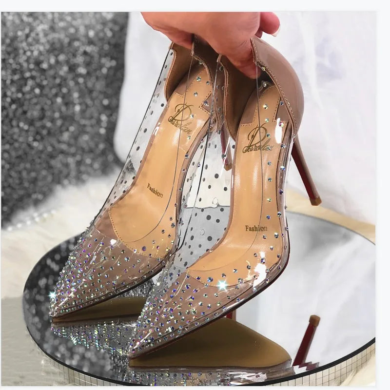 2024 Spring Office Ladies Sexy Pumps Woman PVC Transparent Thin High Heels Crystal Diamond Light Pointed Toe for Women's Shoes.