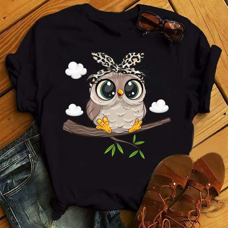 Maycaur Cartoon Owl Print T Shirt Women Kawaii Graphic Shirts Casual Short Sleeved Black Female Tee O-neck Harajuku T-shirts.