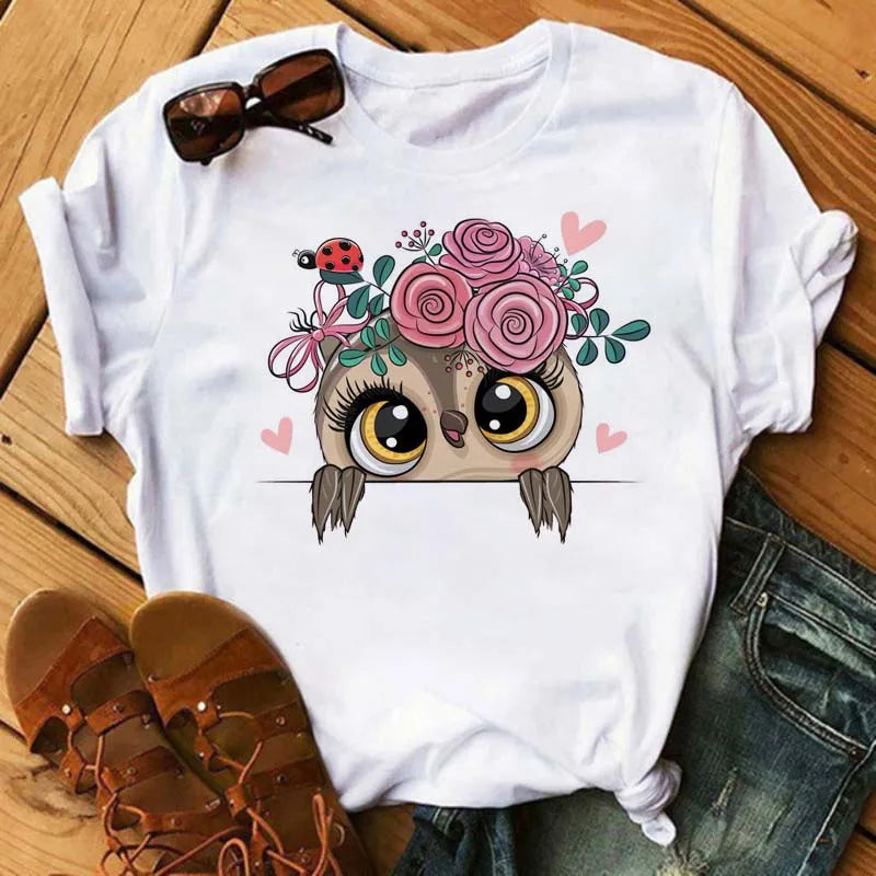 Maycaur Cartoon Owl Print T Shirt Women Kawaii Graphic Shirts Casual Short Sleeved Black Female Tee O-neck Harajuku T-shirts.