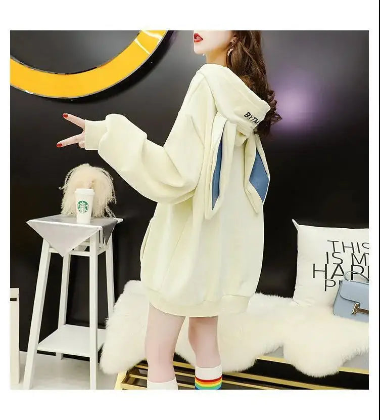 Autumn Sweet Women Hoodies Korean Style Fashion Cute Rabbit Ears Hooded Pullovers Loose Long Sleeve Kawaii Sweatshirts Female.