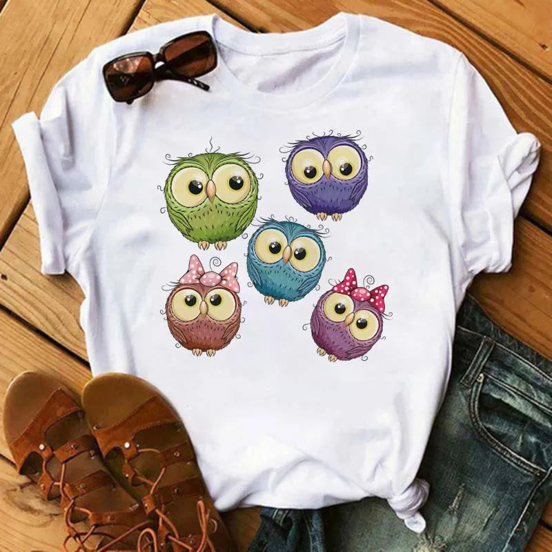 Maycaur Cartoon Owl Print T Shirt Women Kawaii Graphic Shirts Casual Short Sleeved Black Female Tee O-neck Harajuku T-shirts.