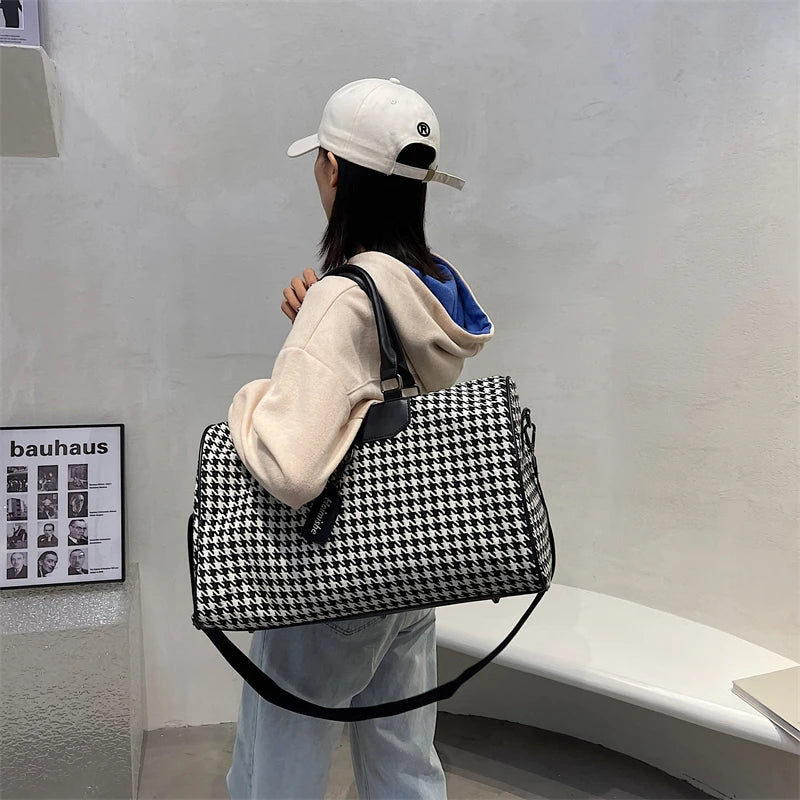 Large Houndstooth Women's Travel Bag Organizer Sports Gym Bag Weekend Duffle Handbag Shoulder Crossbody Bags Packing Cubes Totes.