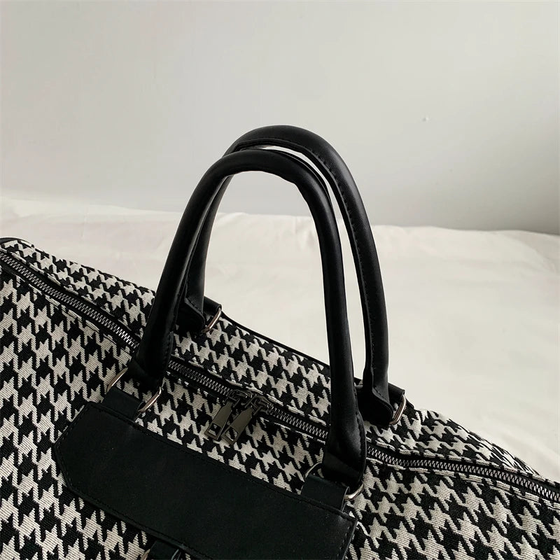 Large Houndstooth Women's Travel Bag Organizer Sports Gym Bag Weekend Duffle Handbag Shoulder Crossbody Bags Packing Cubes Totes - Elevate Your Body