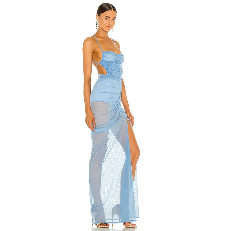 Vamos Todos 2021 Summer Long Dresses For Women Party Wedding Solid Gauze Straps Woman Dress Hollow Out Split Vestido Feminino.