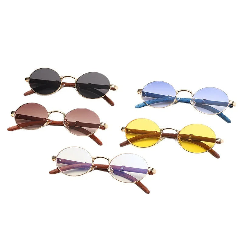 HBK Vintage Round UV400 Sunglasses for Men and Women - Stylish Punk Eyewear with Wood Accents.