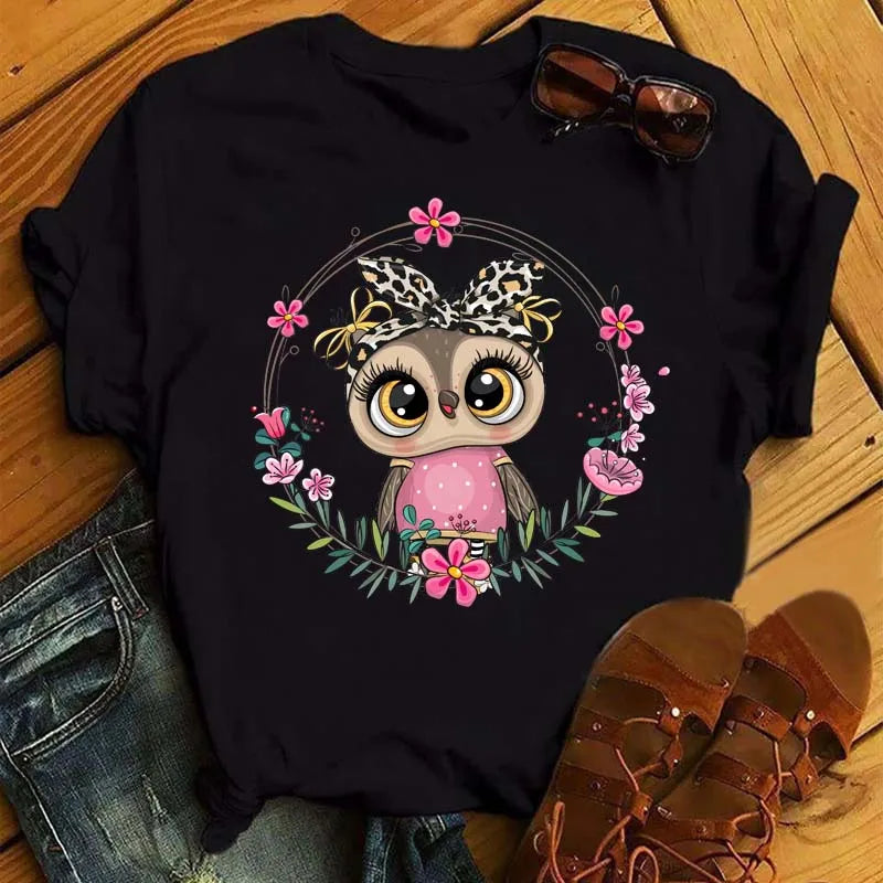 Maycaur Cartoon Owl Print T Shirt Women Kawaii Graphic Shirts Casual Short Sleeved Black Female Tee O-neck Harajuku T-shirts.