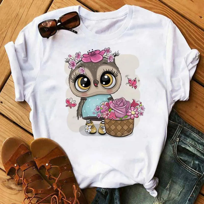 Maycaur Cartoon Owl Print T Shirt Women Kawaii Graphic Shirts Casual Short Sleeved Black Female Tee O-neck Harajuku T-shirts.