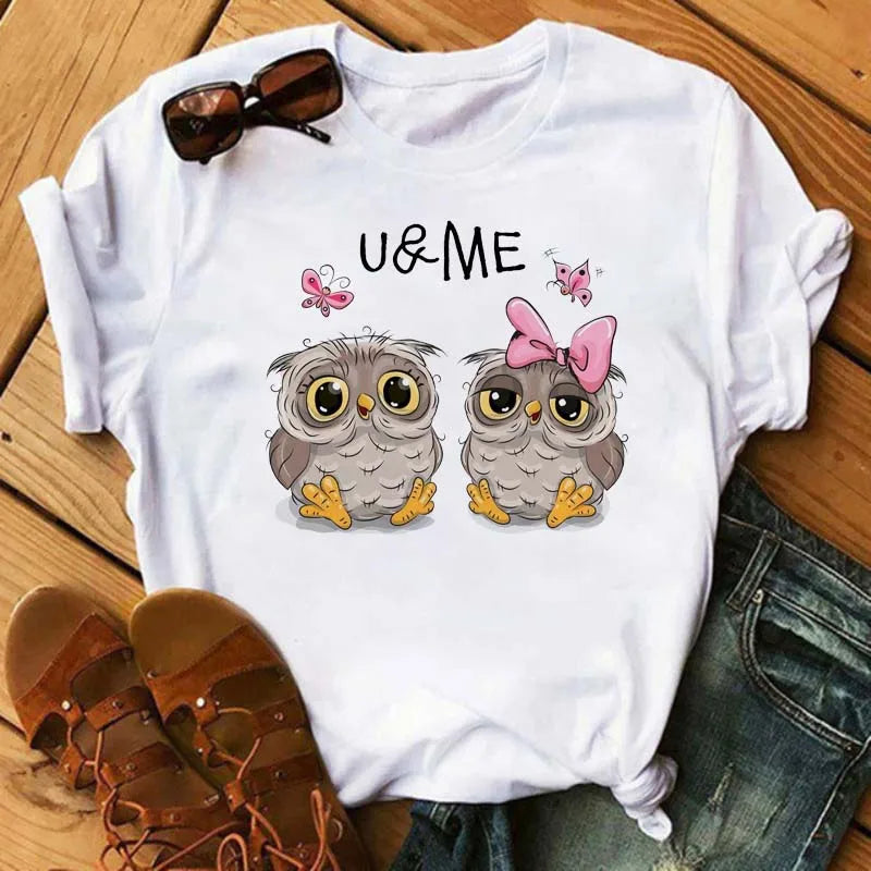 Maycaur Cartoon Owl Print T Shirt Women Kawaii Graphic Shirts Casual Short Sleeved Black Female Tee O-neck Harajuku T-shirts.