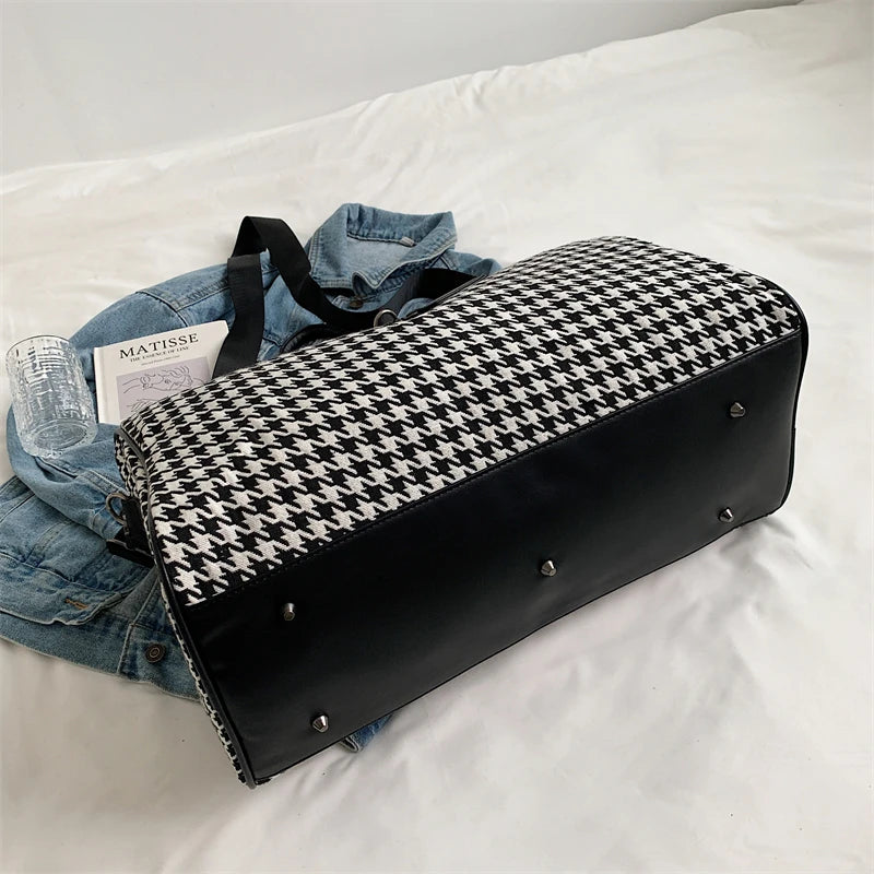 Large Houndstooth Women's Travel Bag Organizer Sports Gym Bag Weekend Duffle Handbag Shoulder Crossbody Bags Packing Cubes Totes - Elevate Your Body