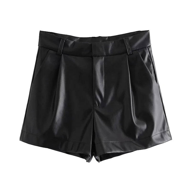 TRAF-Women's Faux Leather Shorts with Side Pockets, High Waist, Zipper Fly, Female Short Pants, Chic Fashion.