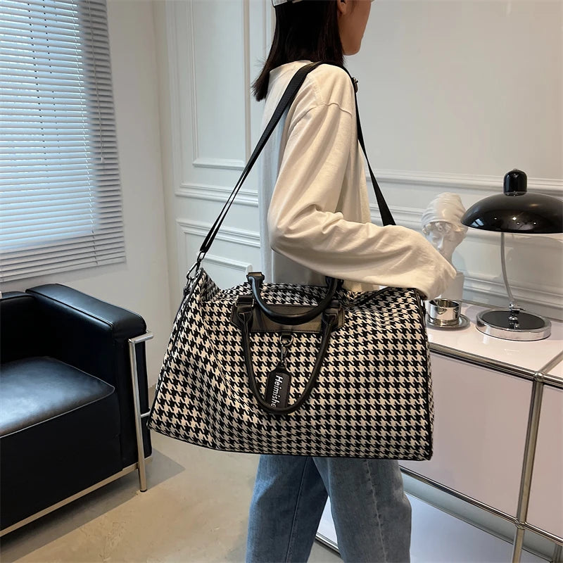 Large Houndstooth Women's Travel Bag Organizer Sports Gym Bag Weekend Duffle Handbag Shoulder Crossbody Bags Packing Cubes Totes.