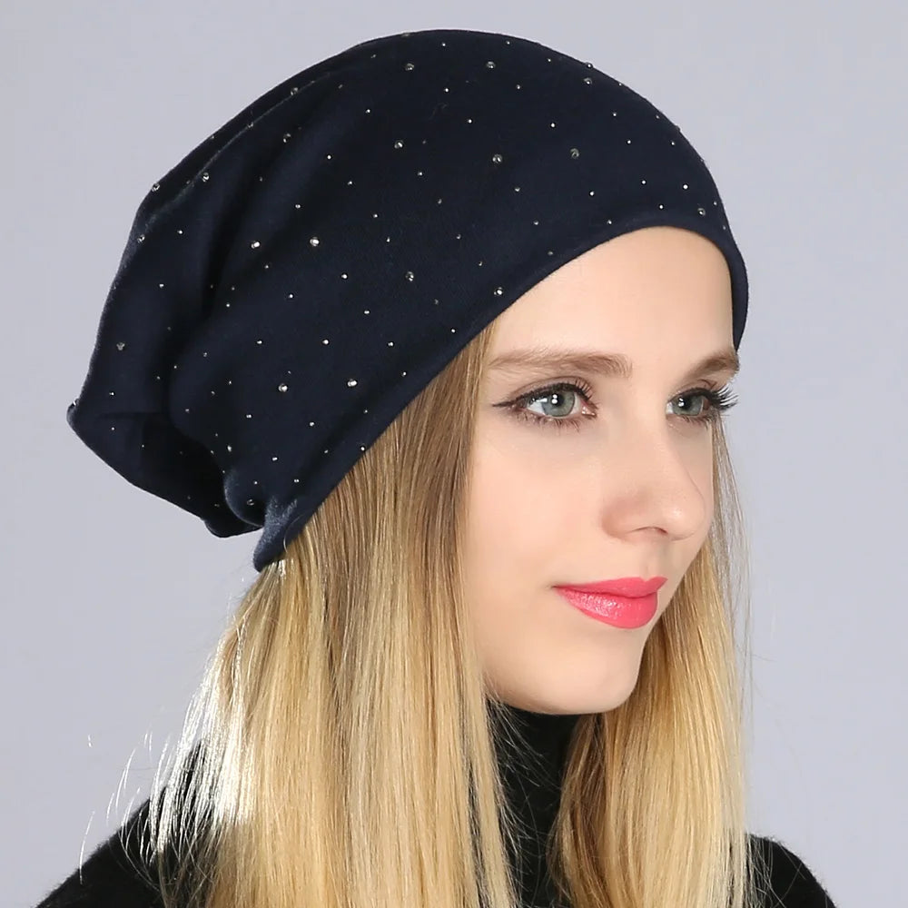 Geebro Women's Casual Rhinestone Cotton Slouchy Beanie Hat - Autumn Skullies & Beanies for Women.