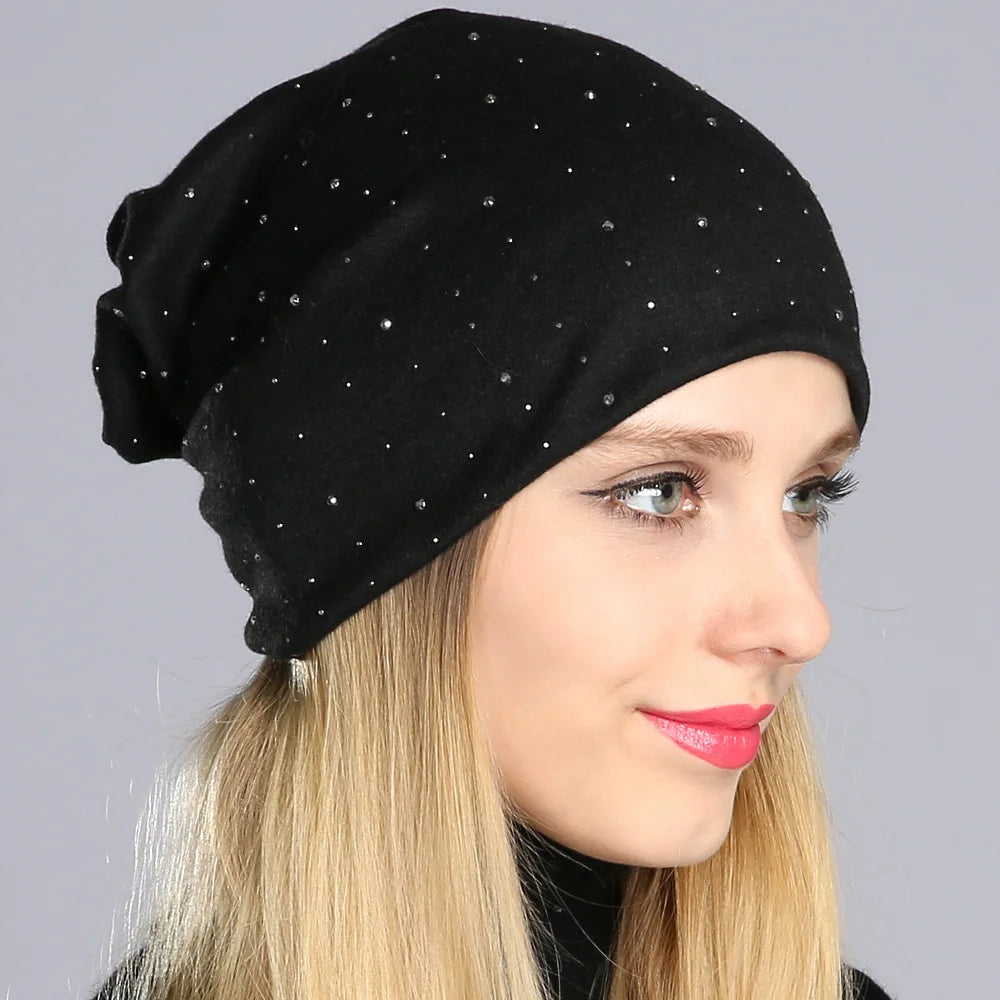 Geebro Women's Casual Rhinestone Cotton Slouchy Beanie Hat - Autumn Skullies & Beanies for Women.