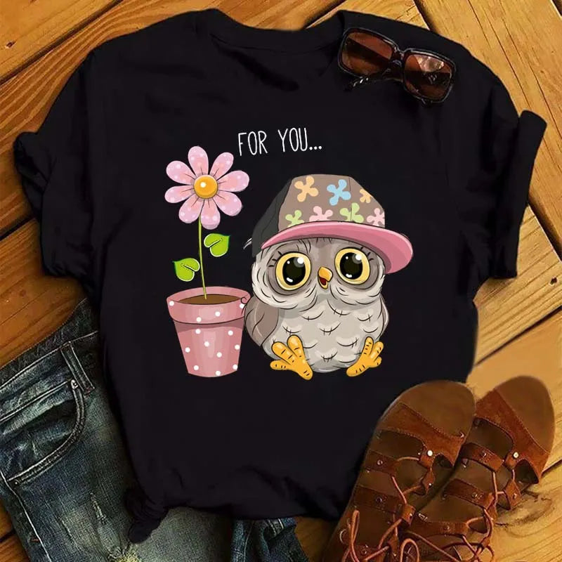 Maycaur Cartoon Owl Print T Shirt Women Kawaii Graphic Shirts Casual Short Sleeved Black Female Tee O-neck Harajuku T-shirts - Elevate Your Body