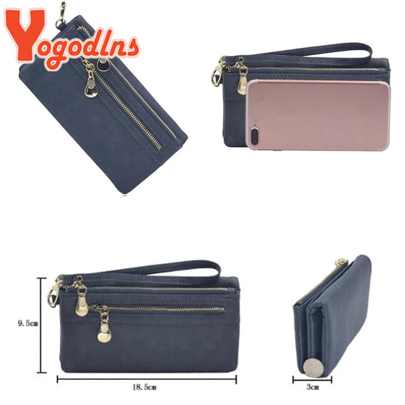 Yogodlns Fashion Nubuck Leather Wallet Female Double Zipper Lady Handbag Clutch Multi-layer Purse Shopping Women Wallet Purse.