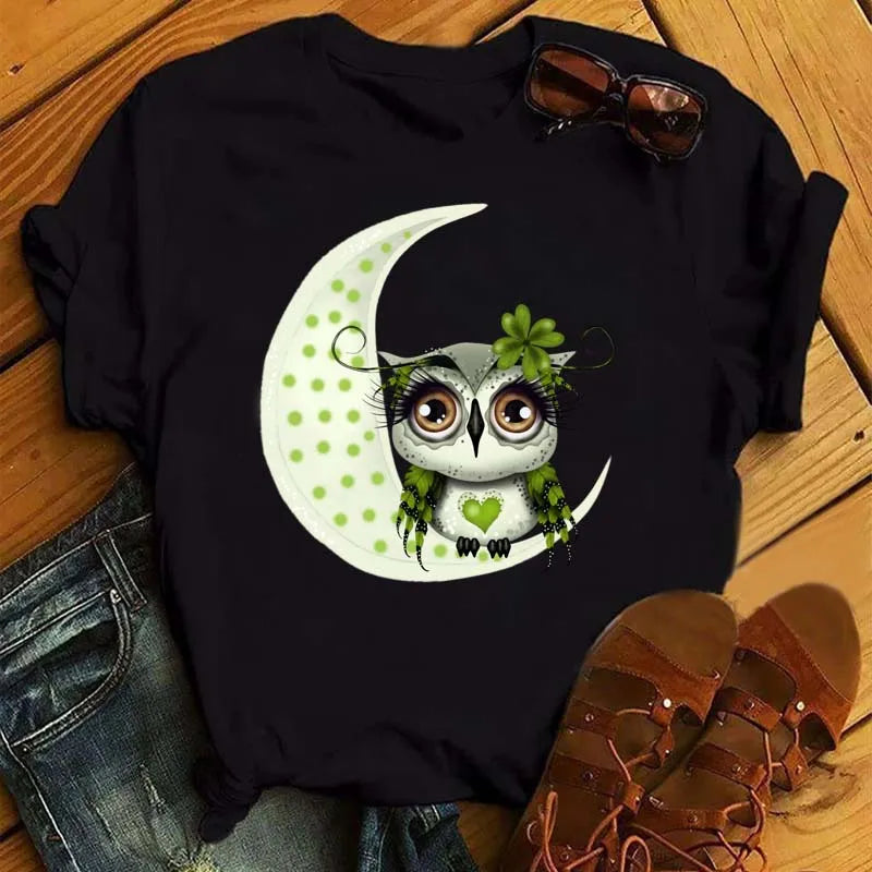 Maycaur Cartoon Owl Print T Shirt Women Kawaii Graphic Shirts Casual Short Sleeved Black Female Tee O-neck Harajuku T-shirts - Elevate Your Body